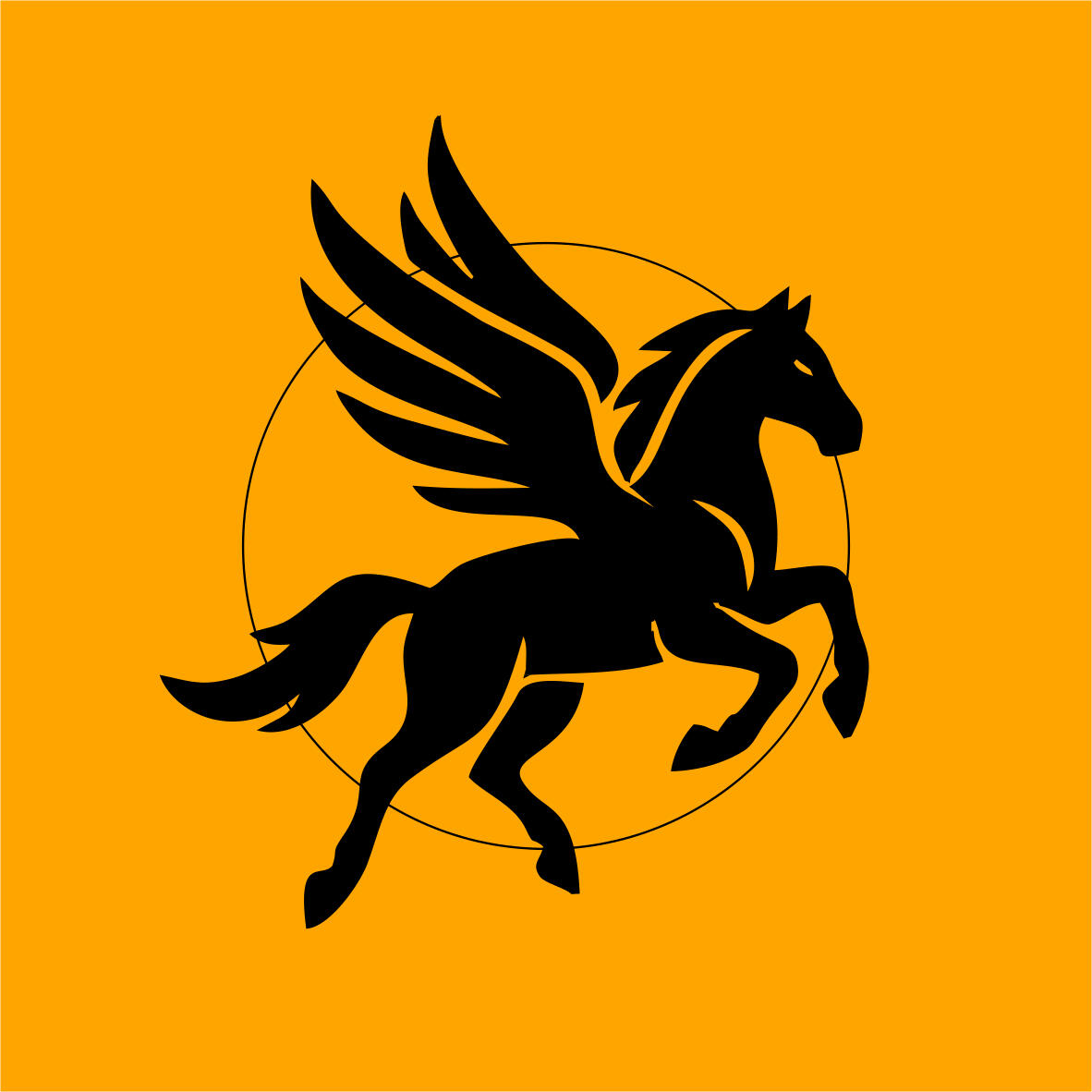 Kompacity Solutions logo featuring a black winged horse or black pegasus flying in front of a circular emblem. The background has a solid orange color